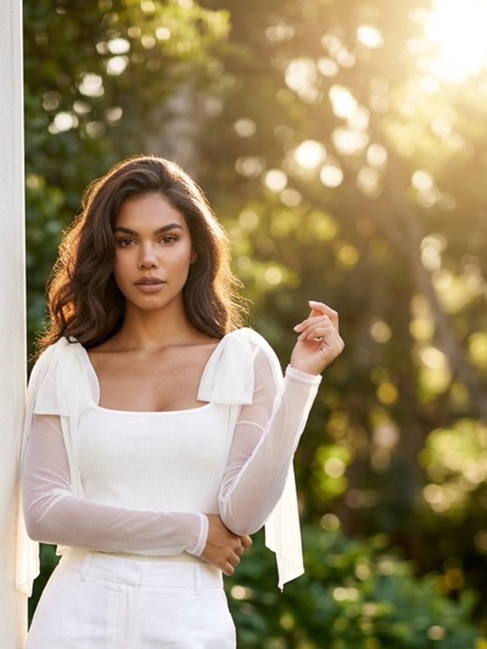 Sheer-Sleeve White Bodysuit with Bow Shoulder Detail
